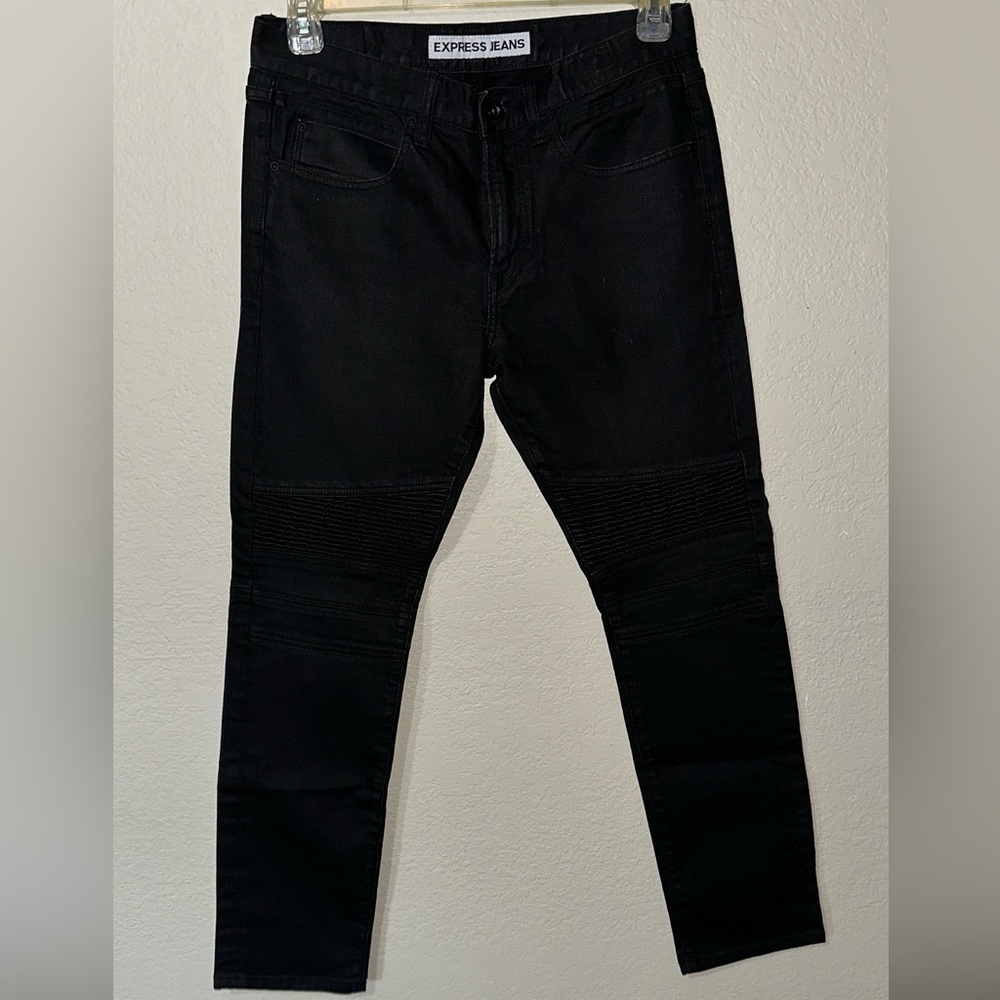 Express black moto jeans.